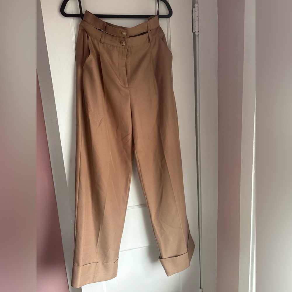River Island Camel High Waist Cutout Trousers Size 6 Belted Fashion Pants